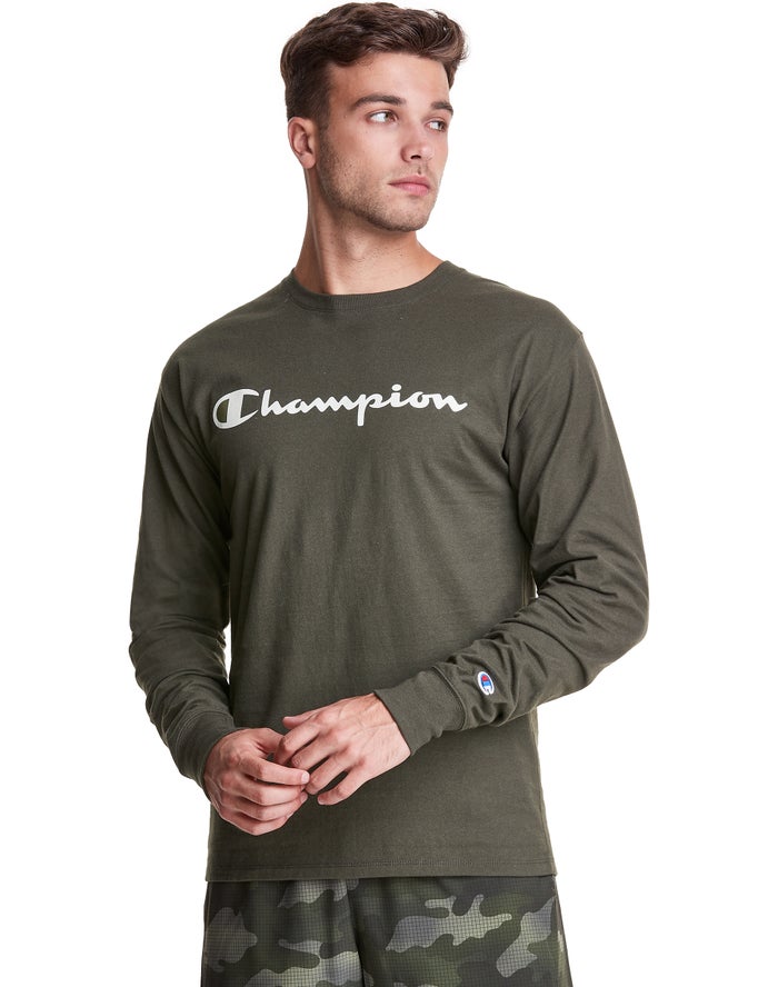 Champion Classic Long-Sleeve Script Logo - Miesten Oliivinvihreä T-Paita - Suomi 8604175-JD